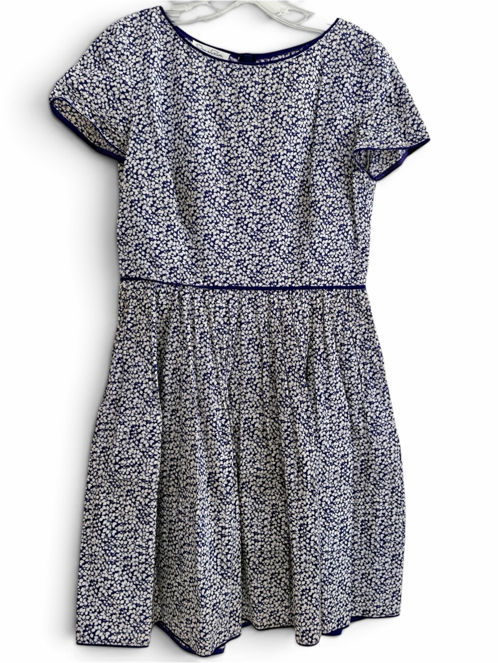 Oscar de la Renta Floral Poplin Fit & Flare Mini Dress with Navy Trim | Size 8